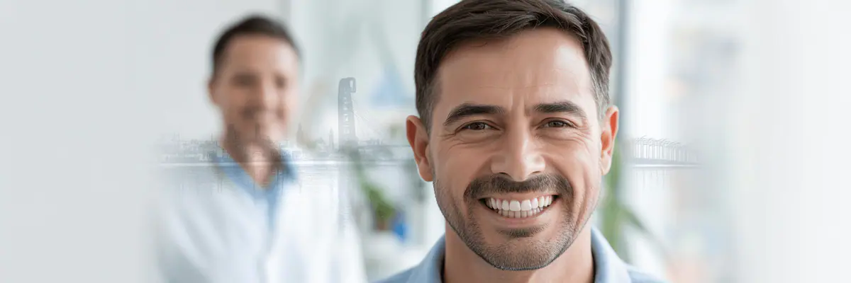 Smiling man with his dentist in the background