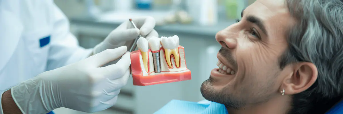 Dentist showing a smiling patient a dental implant model