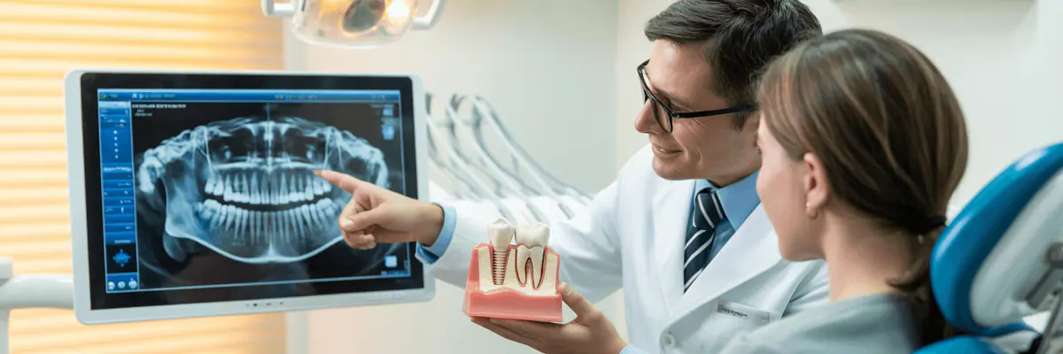 Dentist showing a patient her X-ray and a tooth model