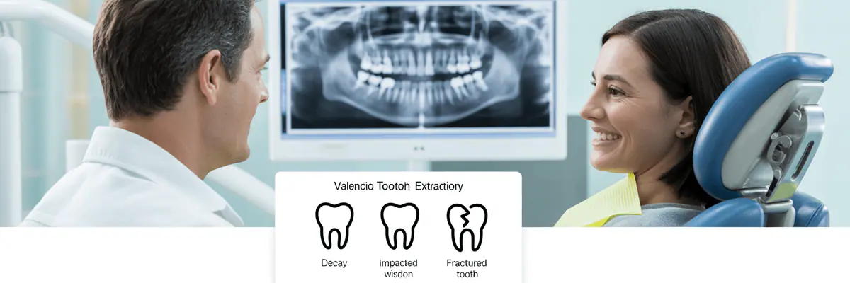 Dentist and patient reviewing a tooth extraction X-ray