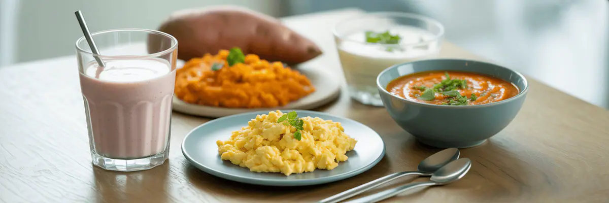 Soft foods for after a tooth extraction: smoothie, eggs, mashed sweet potato and soup