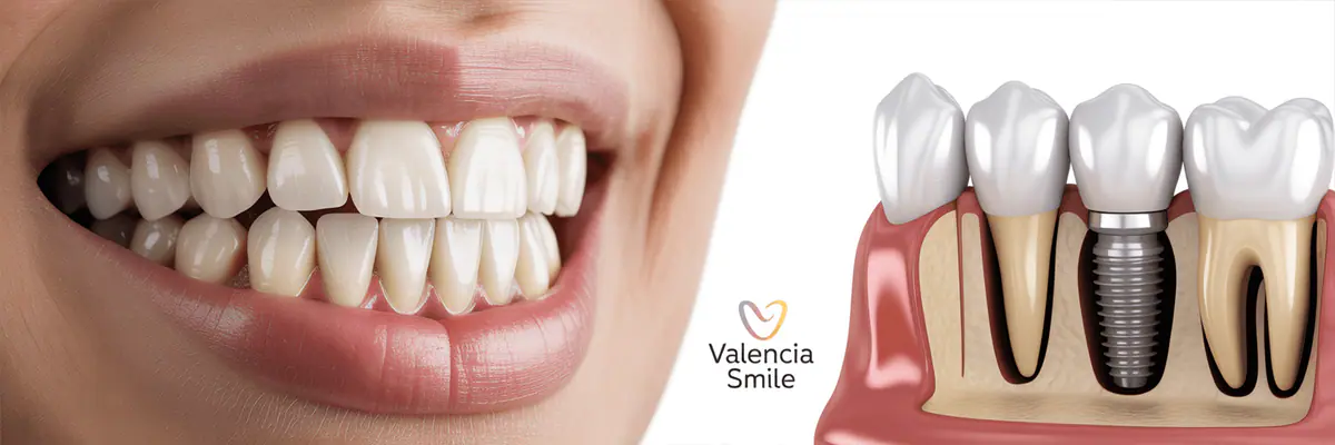 Smile next to a dental bridge and implant model