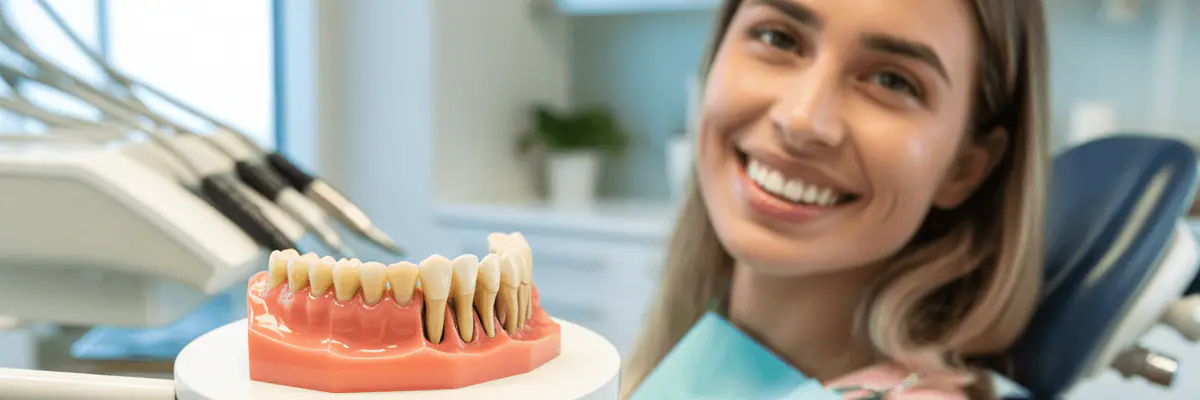 Smiling woman next to a dental bridge model